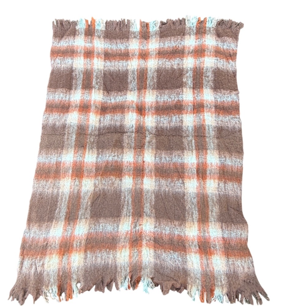 MYER Pure Mohair Throw Blanket Made in Australia Plaid Brown‎ Orange White
